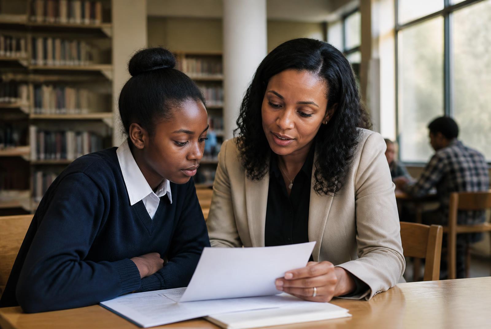 A mentor and student reviewing a university application