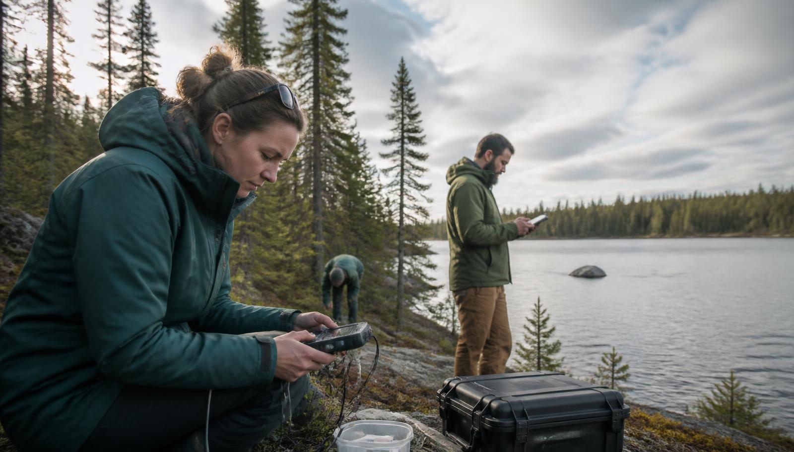 Climate scientists taking measurements beside a Canadian boreal lake